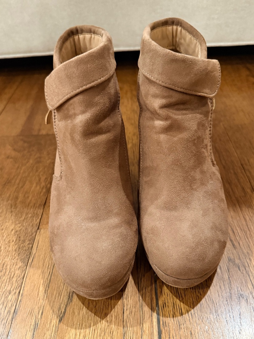 Top Moda Tan Faux Suede Slouchy Wedge Ankle Bootie